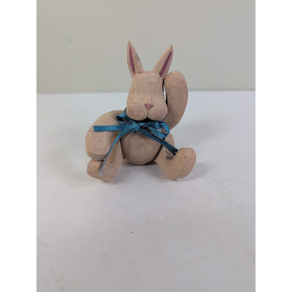 Vintage Whimsical And Rustic Carved Wooden Bunny Rabbit w/ Articulated Limbs 4in